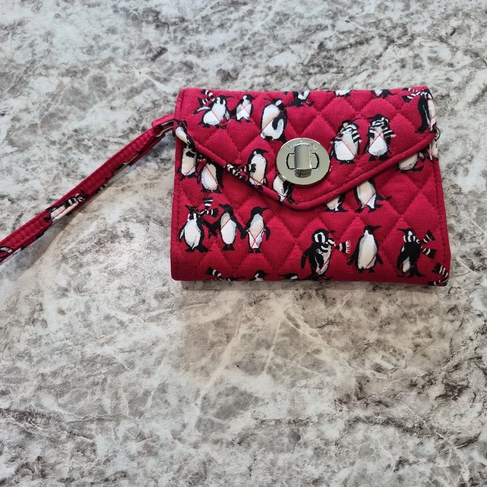 Vera Bradley RFID Red Playful Penguins Turnlock And Zip Quilted Wallet